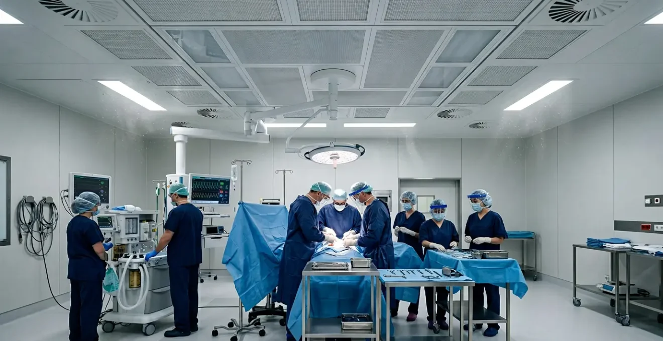 Surgical team in sterile environment during major operation focusing on infection control protocols