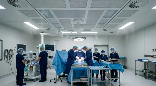 Surgical team in sterile environment during major operation focusing on infection control protocols