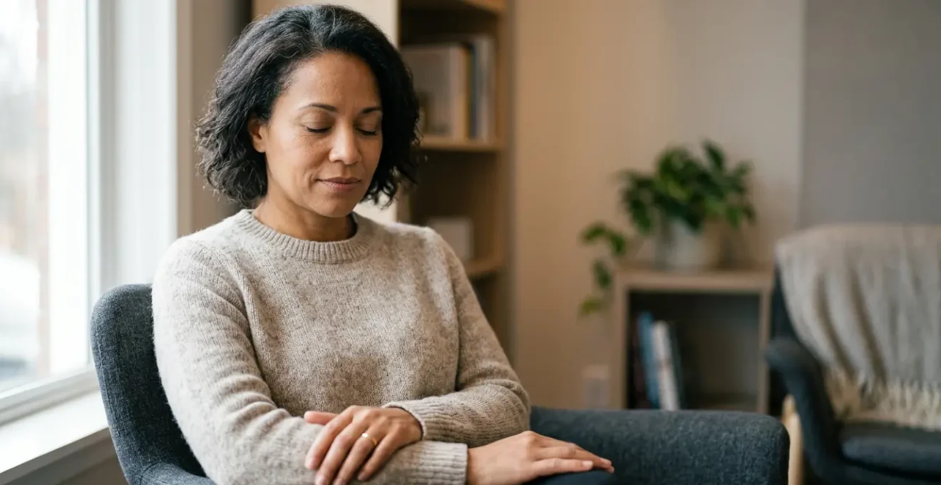A contemplative individual in a calm therapeutic setting symbolizing the journey of mental health recovery through talk therapy