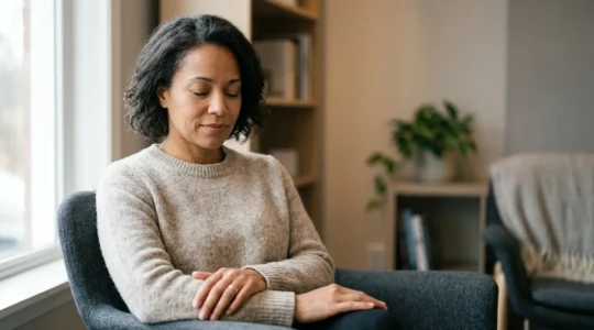 A contemplative individual in a calm therapeutic setting symbolizing the journey of mental health recovery through talk therapy