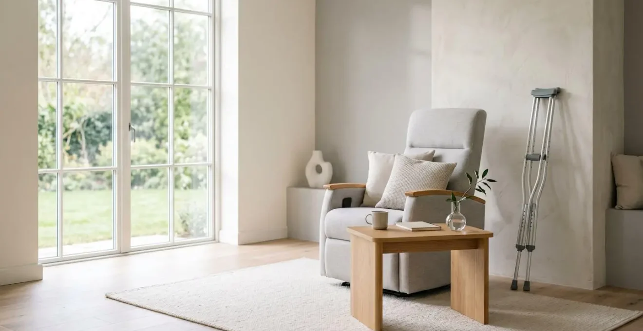 Bright accessible living space with natural lighting and organized supportive furniture illustrating prepared home recovery environment