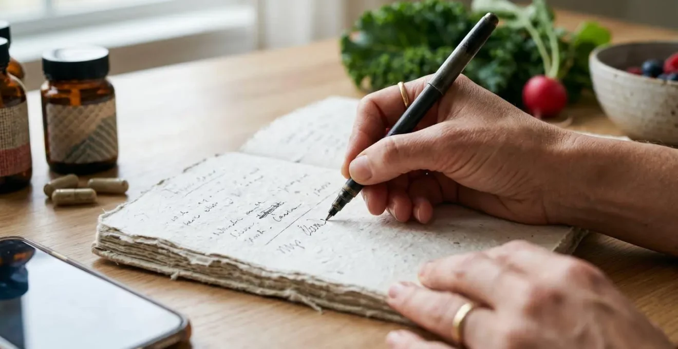 Patient actively documenting health progress with care plan materials on table