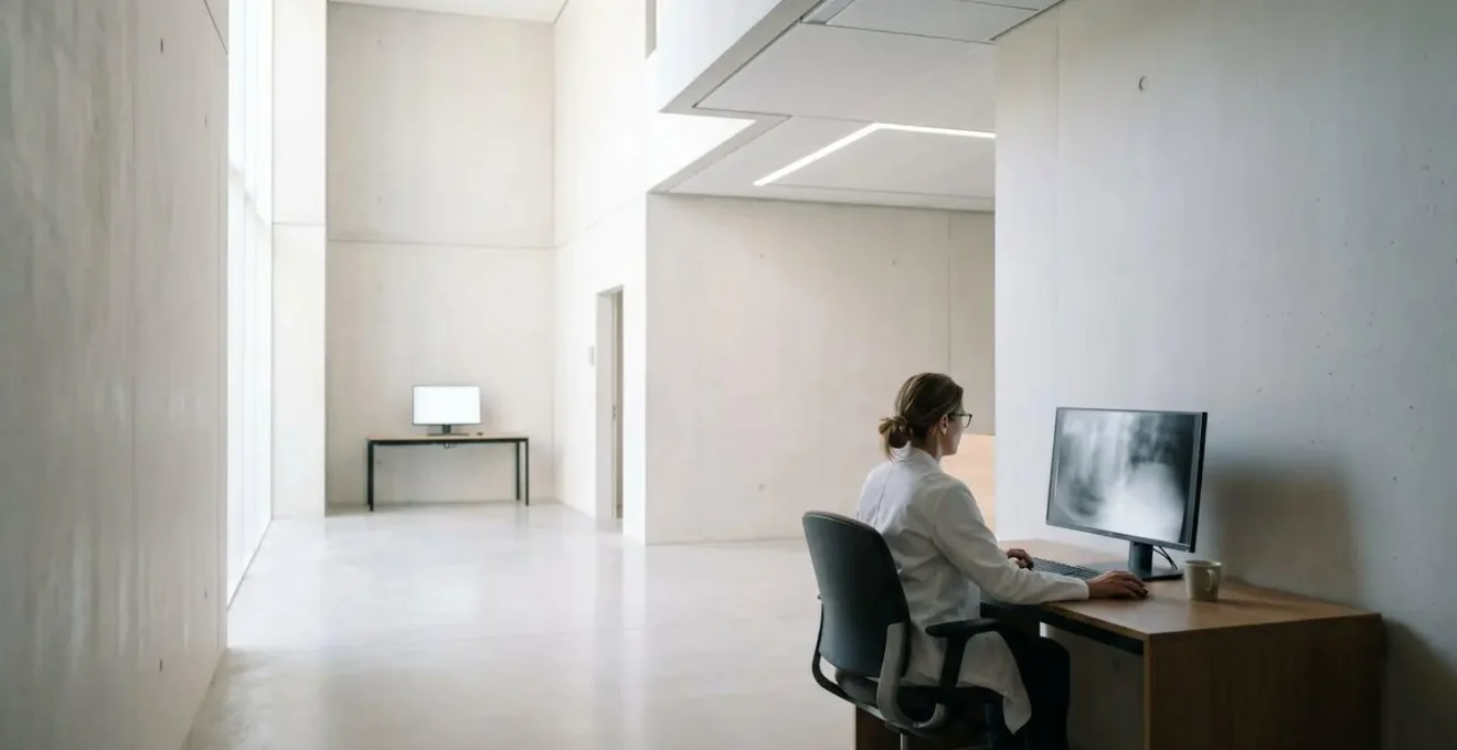 Medical imaging workstation showing collaborative human-AI diagnostic workflow in radiology