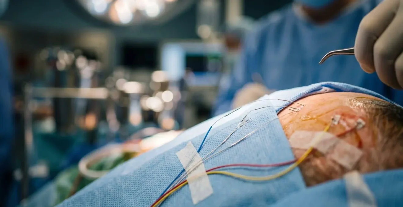 Close-up of neurophysiological monitoring equipment during awake brain surgery procedure