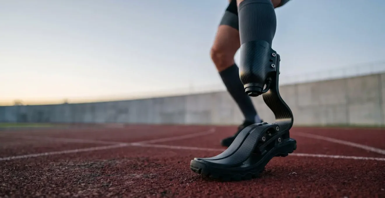Wide-angle environmental shot of a carbon fiber prosthetic running blade in athletic stance with expansive negative space