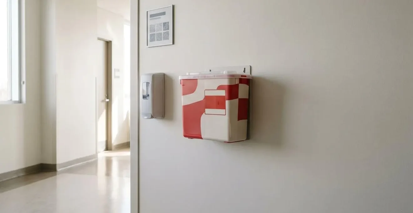 A properly wall-mounted sharps container in a clean care facility environment demonstrating compliant installation