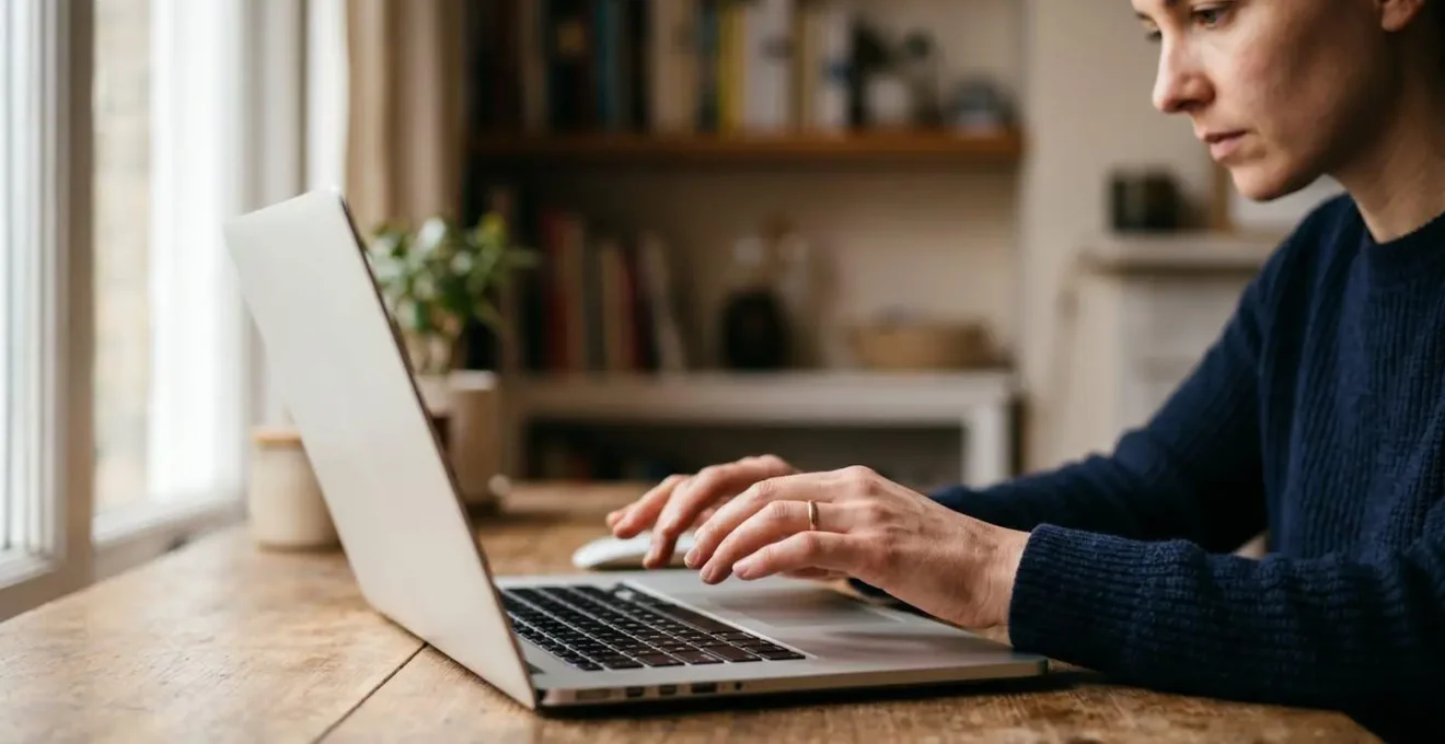 Person verifying surgeon credentials through official online medical register on laptop