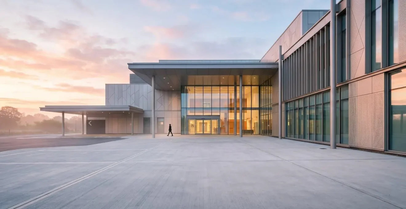 Wide view of a modern hospital emergency entrance at dawn with soft natural lighting and minimal activity