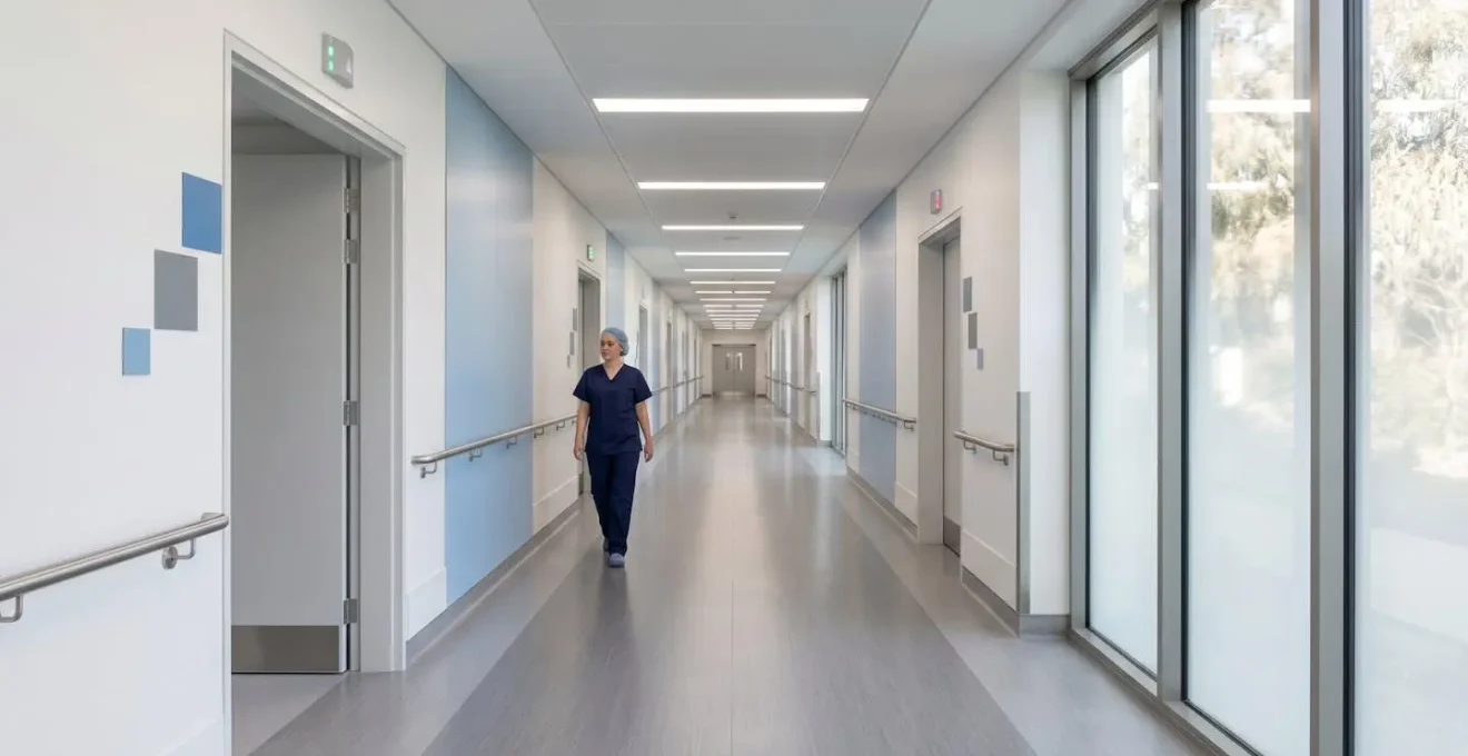Minimalist wide view of modern surgical facility corridor with clean lines and organized flow