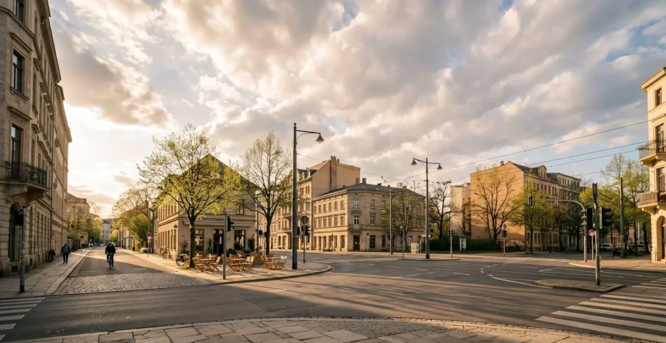 Wide environmental shot of an empty urban street during pandemic lull period with subtle signs of resumed activity suggesting false sense of safety before second wave