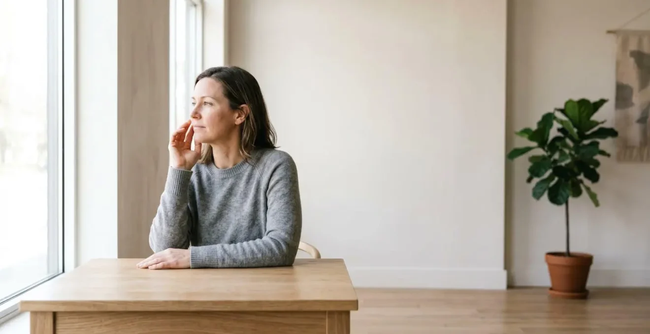 Environmental wide shot showing person in bright natural setting checking vision health with Amsler grid at home