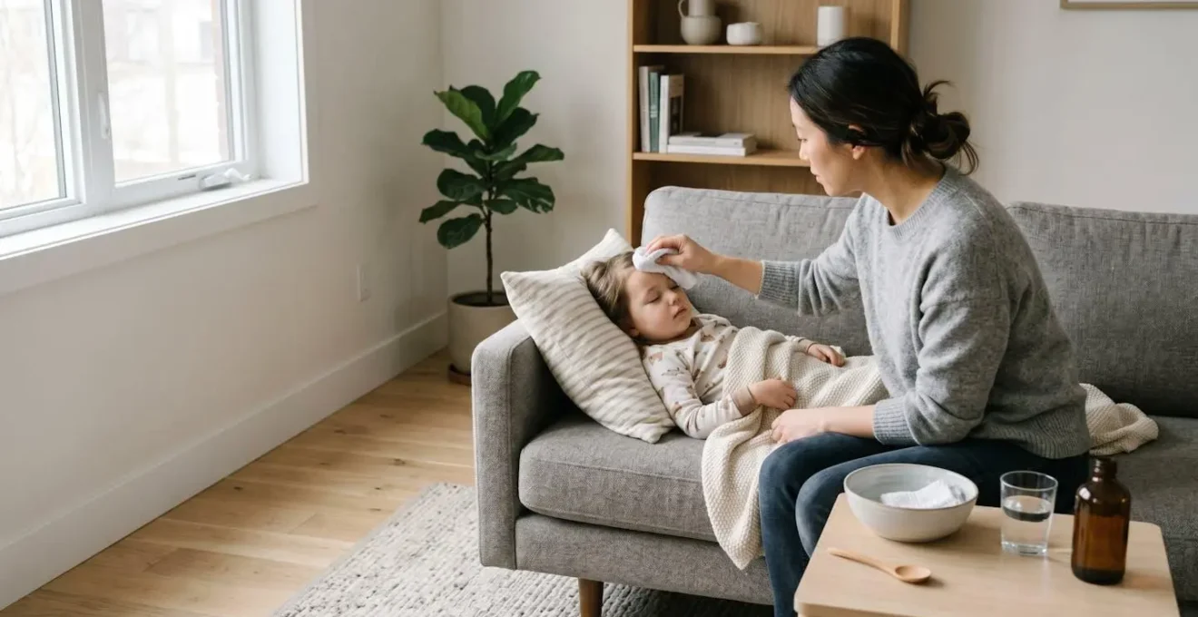 Soft home environment showing parent providing gentle comfort care to fevered child in safe emergency waiting scenario
