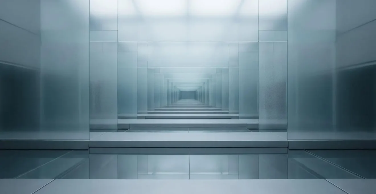 Minimalist wide-angle view of a secure, abstract data environment representing genomic information protection and ethical storage