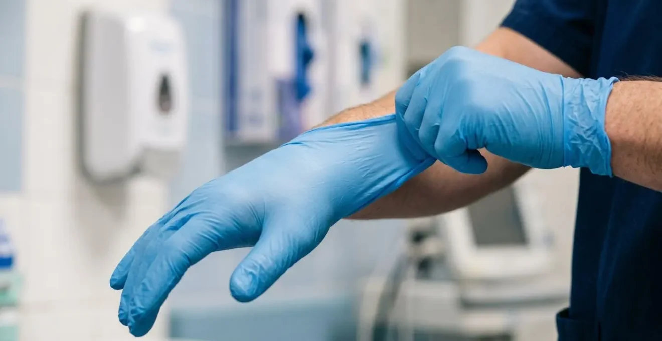 Close-up view of clinical glove disposal and hand hygiene station emphasizing infection control discipline in a healthcare setting