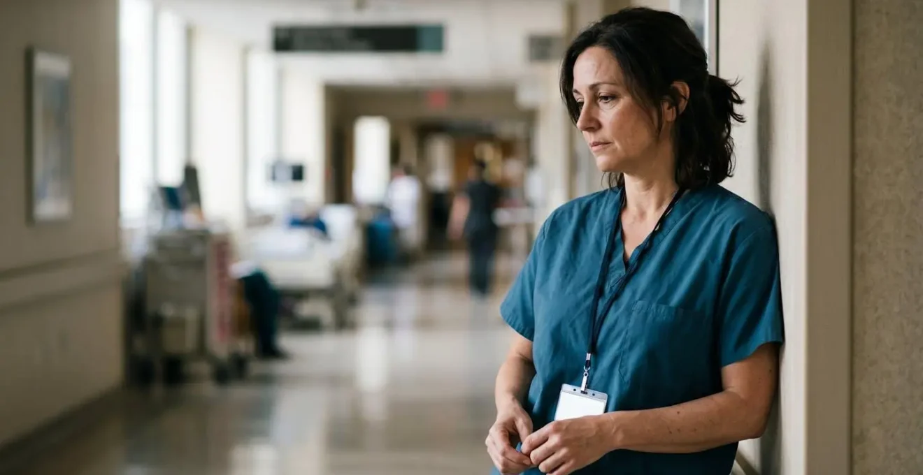 Healthcare professional in a contemplative moment showing the emotional weight of understaffing and systemic pressures on patient care