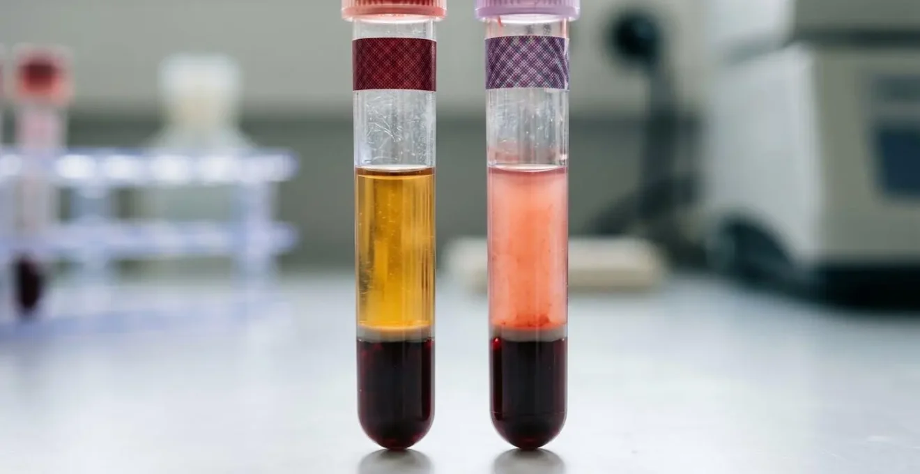 Laboratory technician examining blood sample tubes showing color variation indicating potential hemolysis