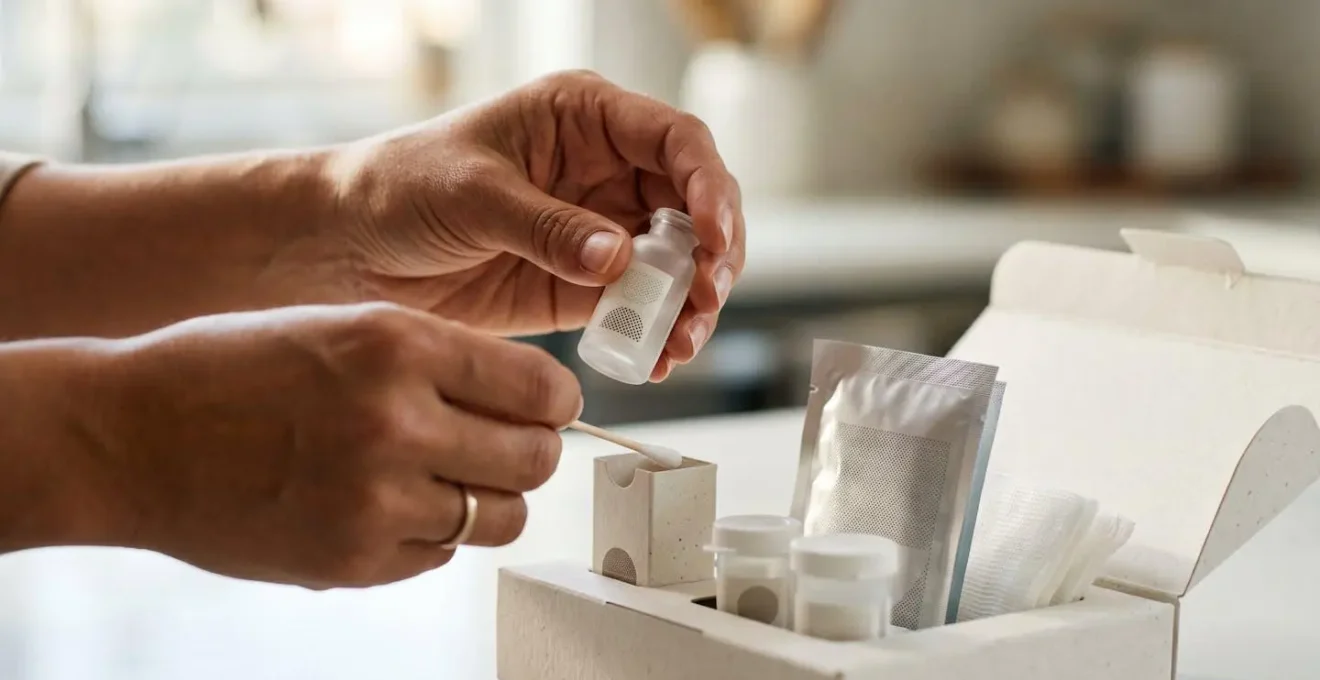 Close-up of hands carefully handling a discreet at-home medical testing kit in a private setting