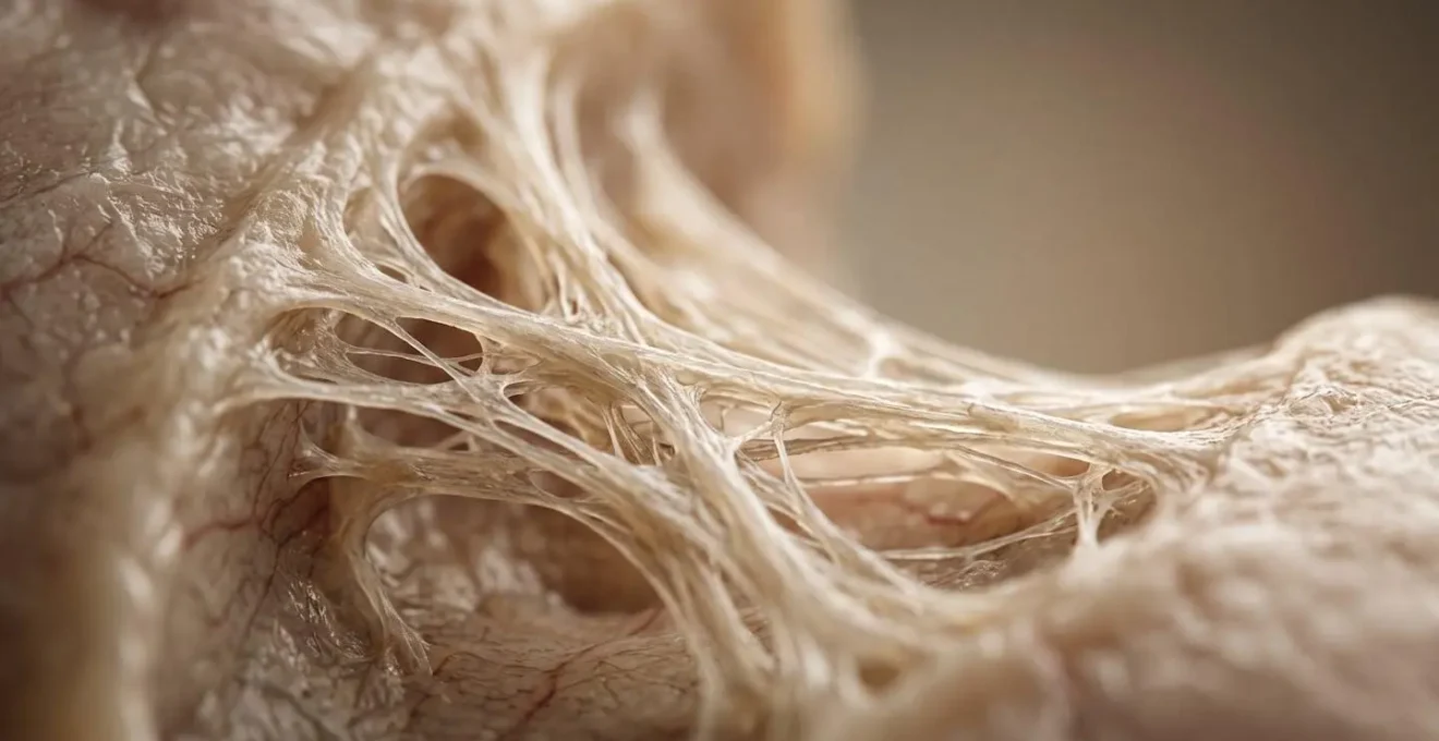 Macro close-up of delicate organic tissue fibers with subtle connecting strands
