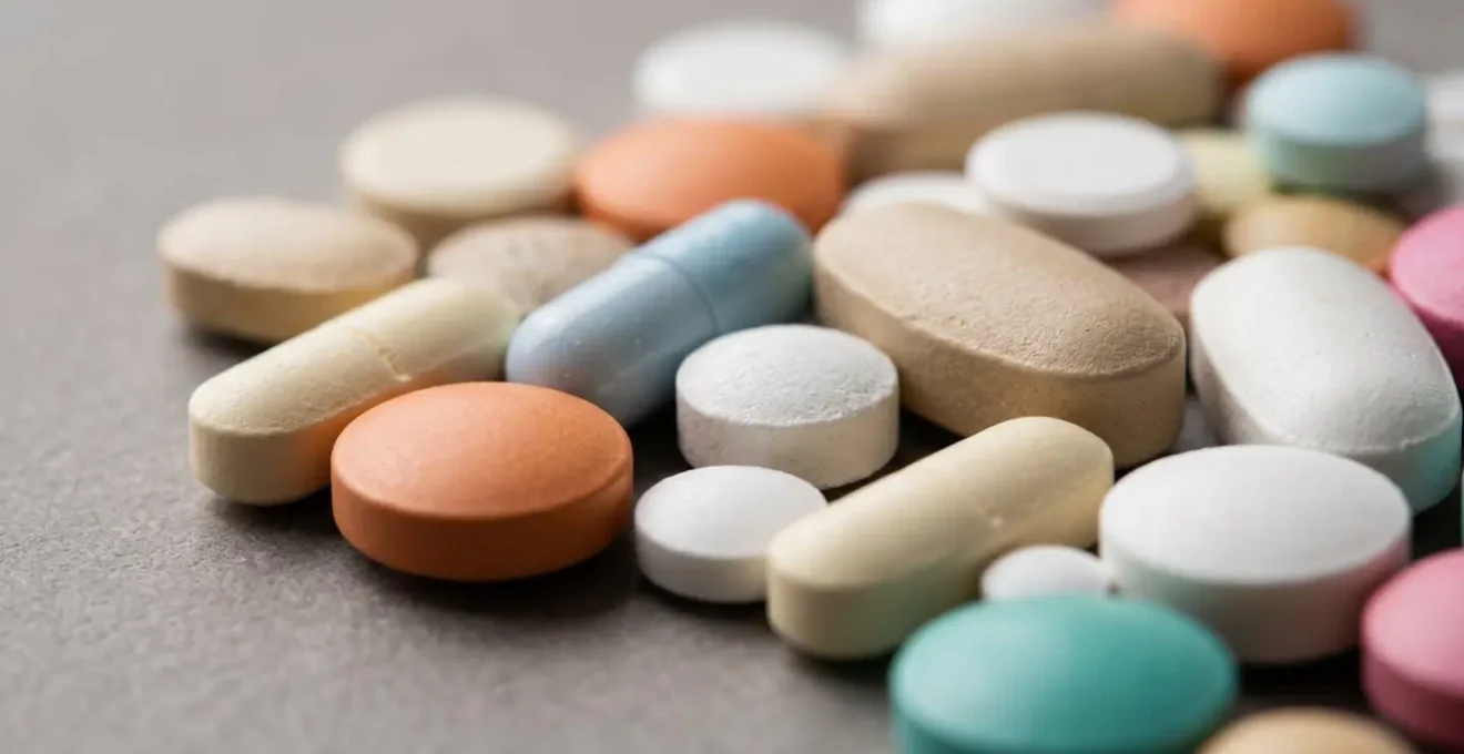 Macro detail of multiple pharmaceutical elements showing the complexity of drug interactions and pharmacological relationships