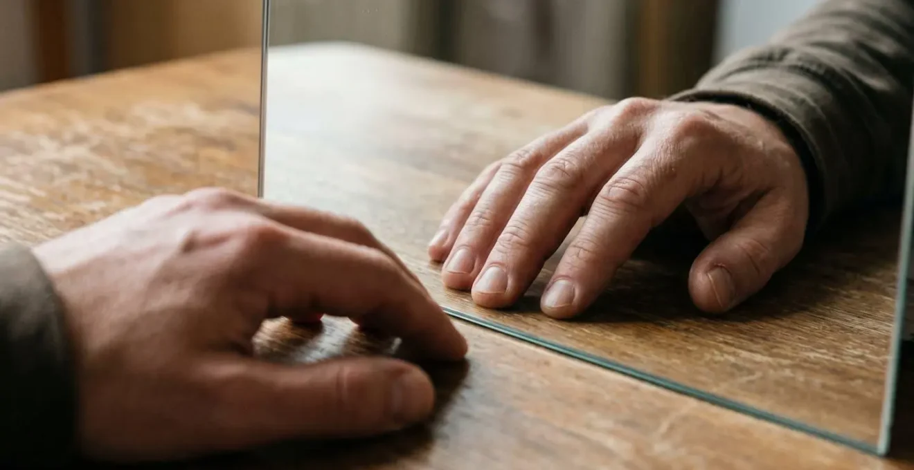 Close-up view of hands engaged in mirror therapy exercise with visual reflection for stroke rehabilitation