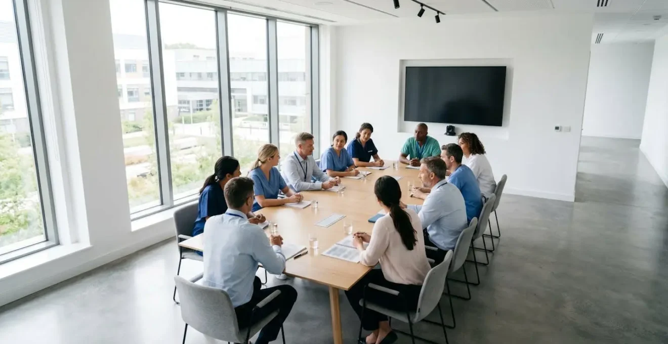 A professional healthcare team collaborating in a modern, naturally lit medical conference room.