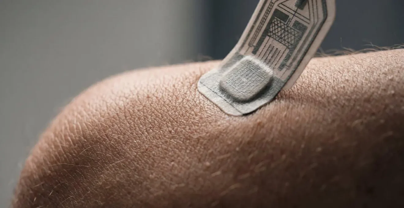 Extreme close-up macro photograph showing the surface texture of muscle tissue and sensor interface for myoelectric prosthetic control