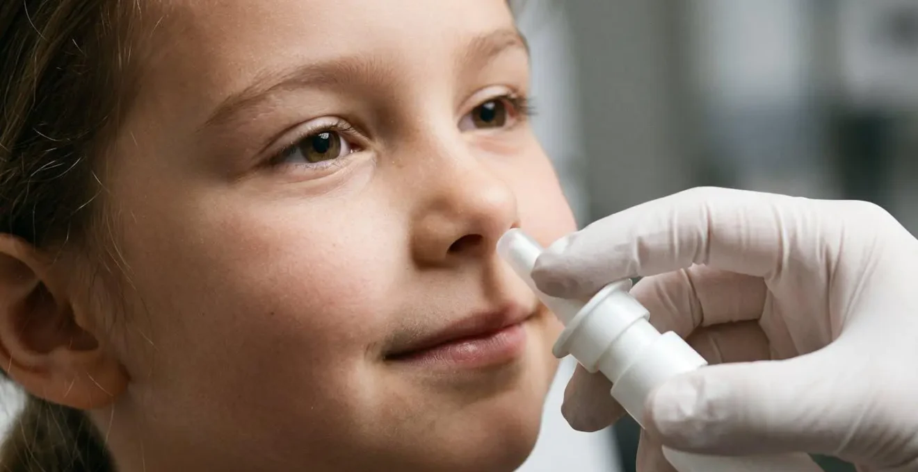 Young child receiving nasal spray flu vaccine in calm clinical setting