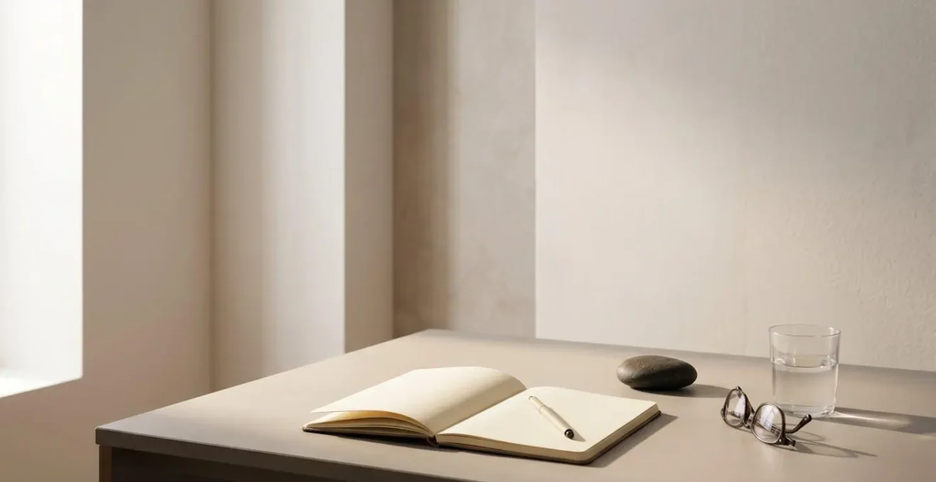 Environmental wide-angle photograph showing professional planning workspace with minimalist aesthetic representing strategic career preparation