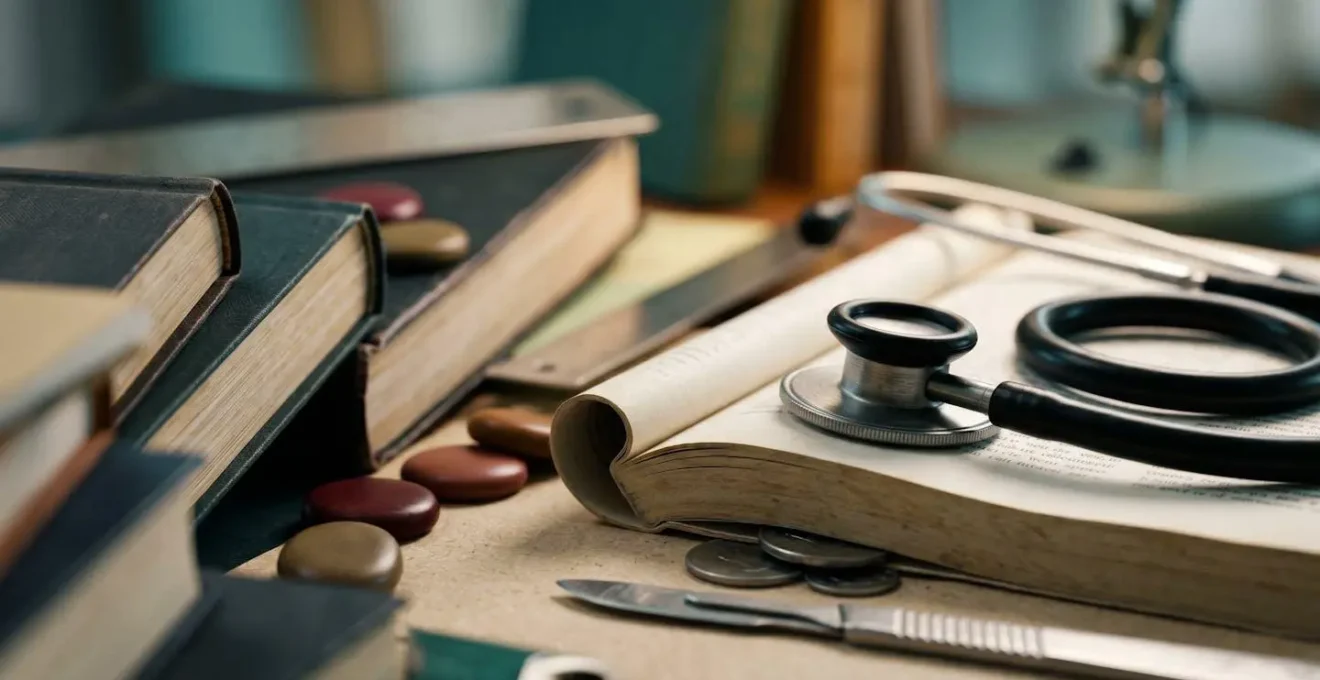Close-up macro photograph showing financial and professional investment symbolism through abstract medical and career planning elements