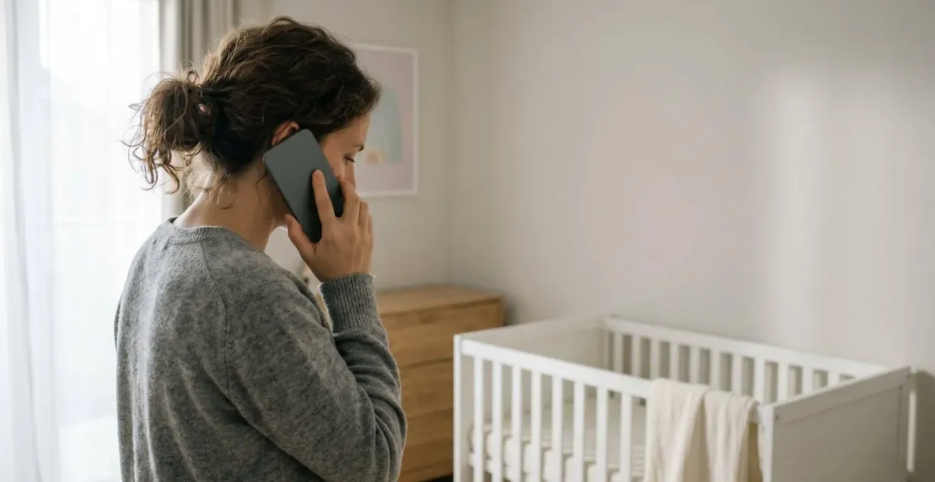 Environmental wide shot of a worried parent in a softly lit living room holding a smartphone to ear while sitting beside a baby's cot