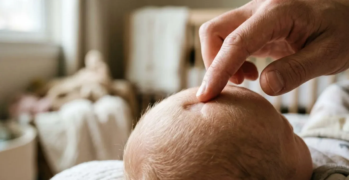 Close observation of infant showing parent checking fontanelle and assessing baby health warning signs in natural light