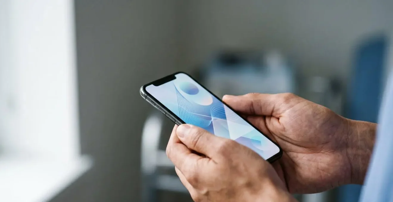 Close-up of hands holding a smartphone with abstract health data visualization symbolizing patient empowerment and digital health access