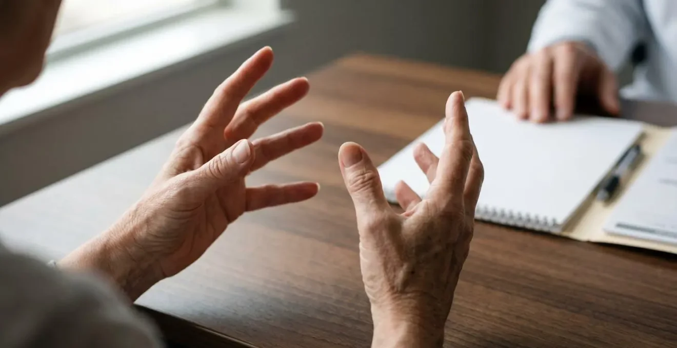 Patient gesturing while describing symptoms to attentive physician during medical consultation