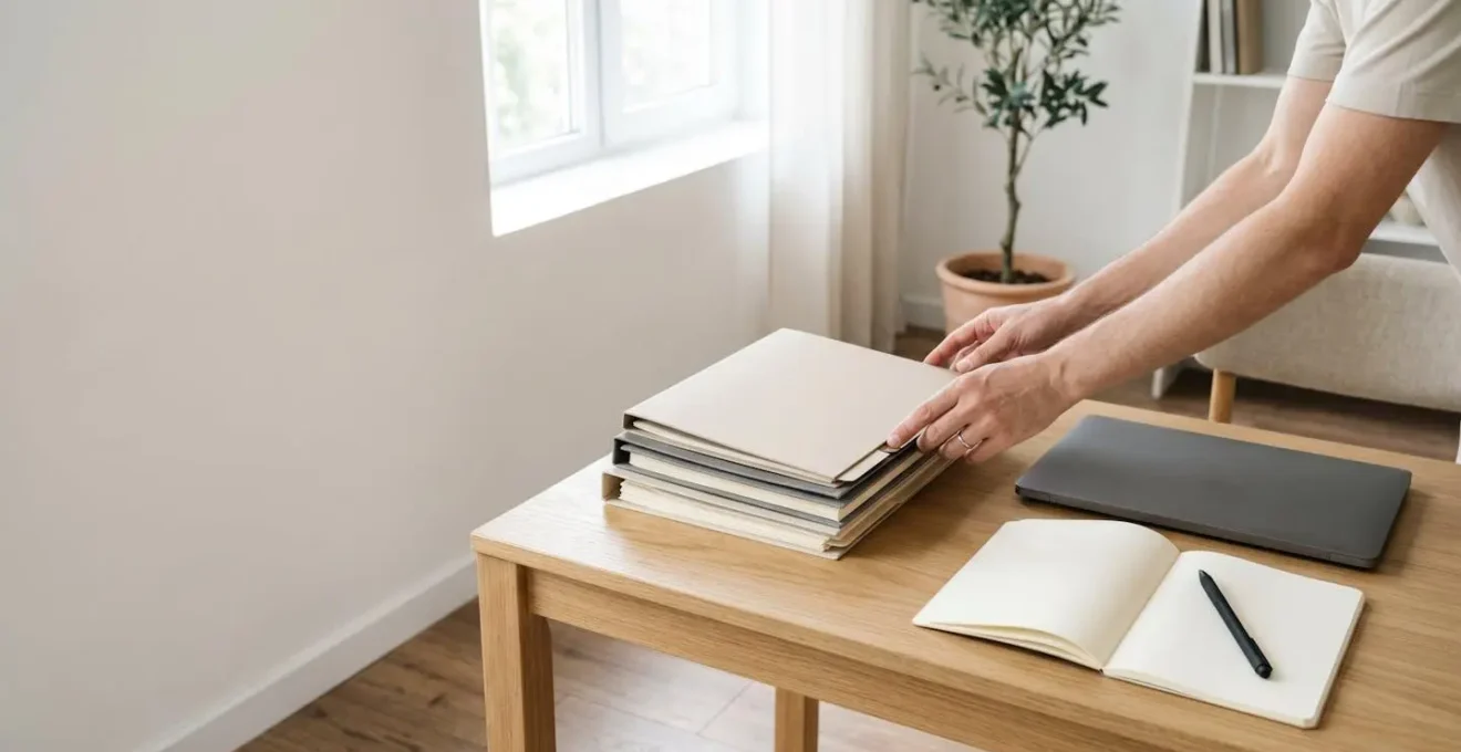 A person organizing medical documents and notes at a clean workspace with natural light, preparing systematically for an important meeting