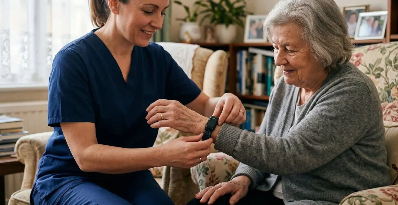 Healthcare professional reviewing patient vital signs from virtual ward monitoring equipment