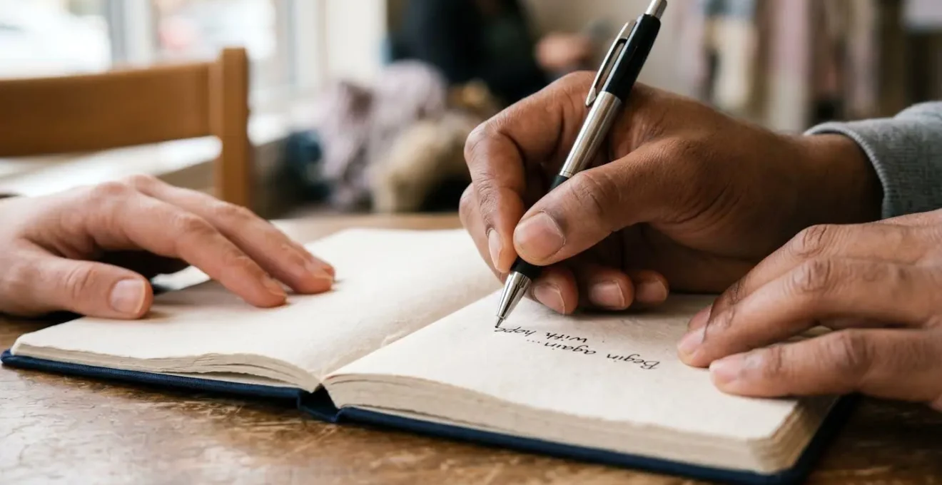 Close-up of hands documenting medical concerns in a personal health journal
