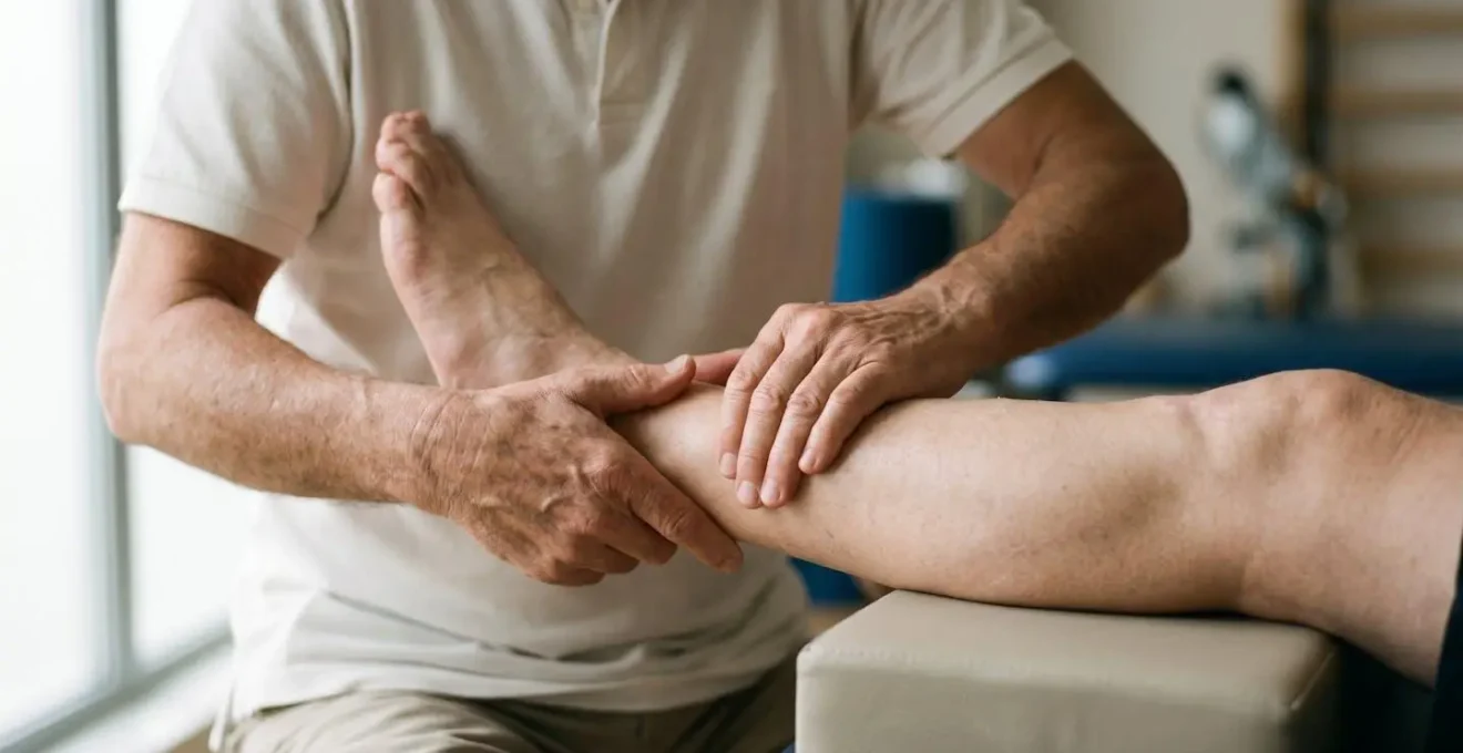 Medium shot capturing the human connection between physical therapist and amputee during pre-prosthetic rehabilitation session
