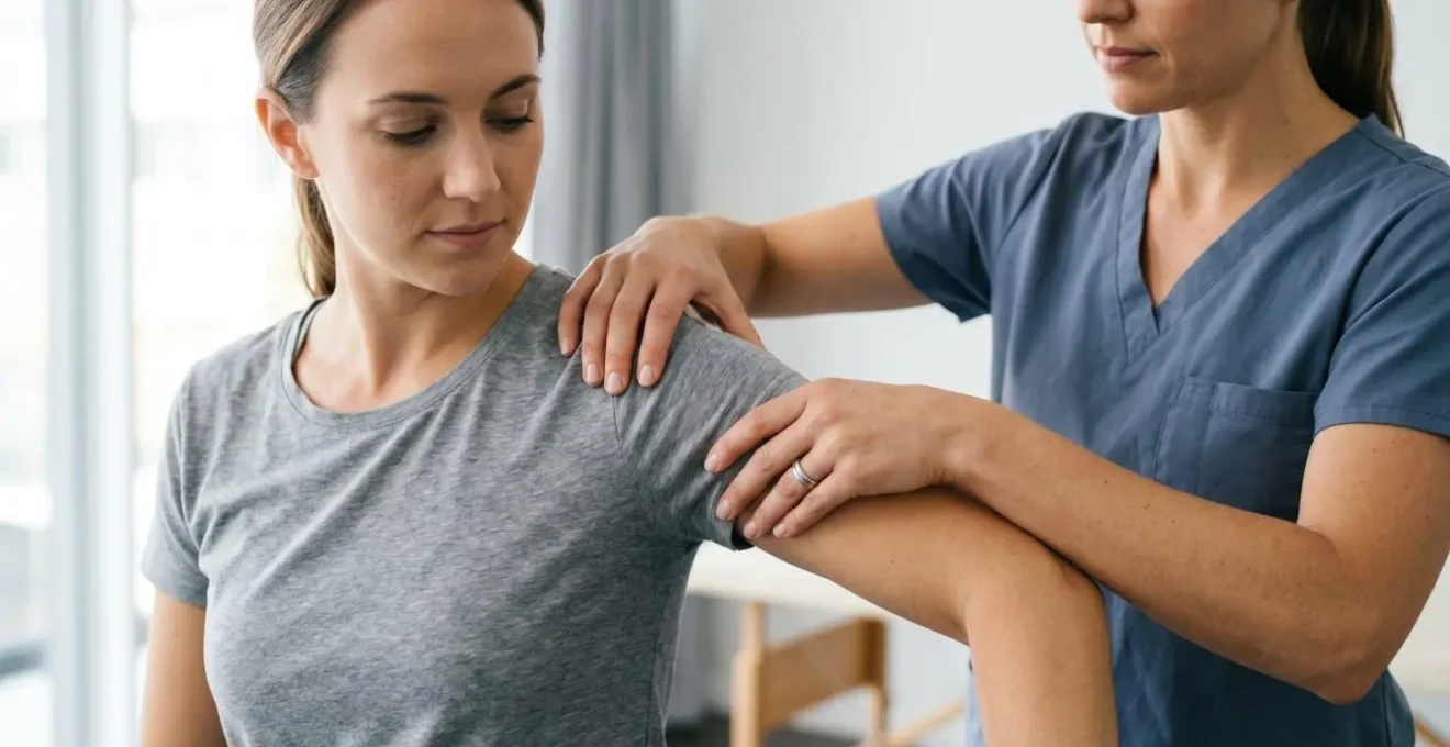 Close-up of hands performing physical therapy assessment on patient shoulder showing therapeutic touch and clinical expertise