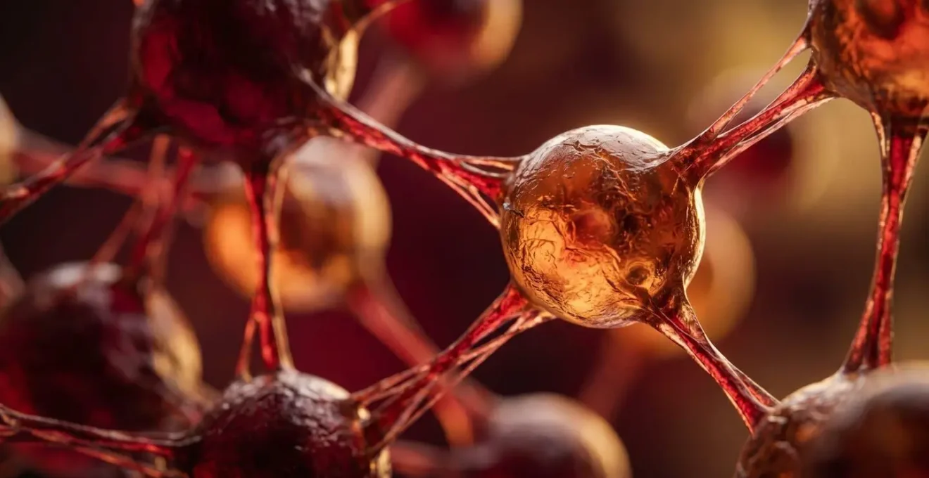 Close-up of interconnected abstract molecular structures representing genetic risk factors and cardiovascular health prediction