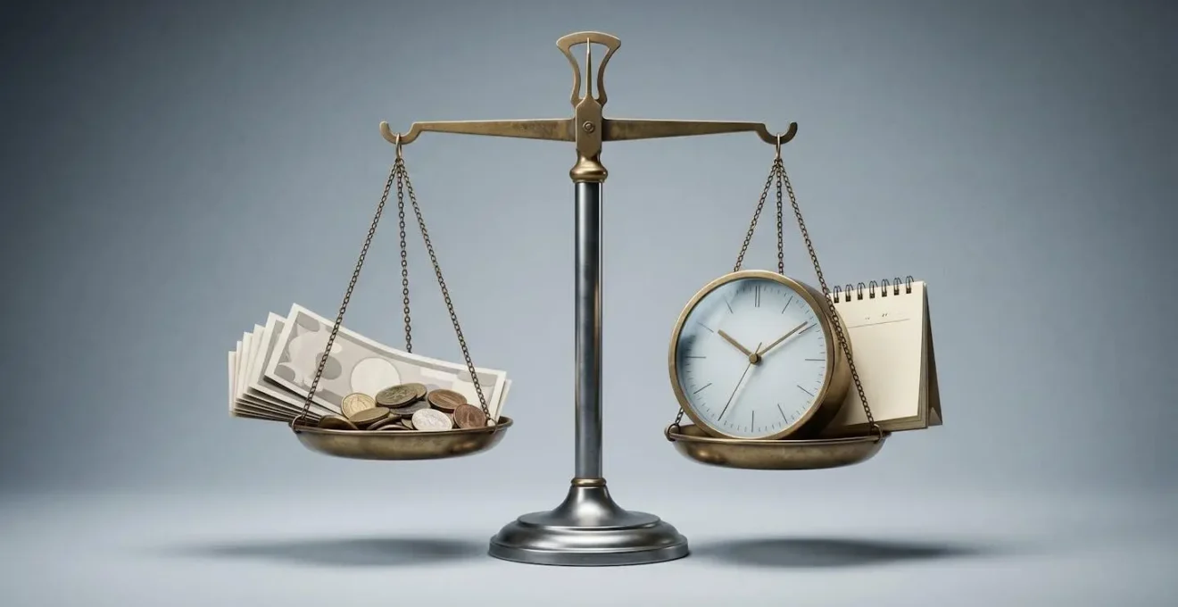 A symbolic weighing scale with medical documents and coins balanced against a calendar and clock, representing the decision between cost and time in healthcare choices
