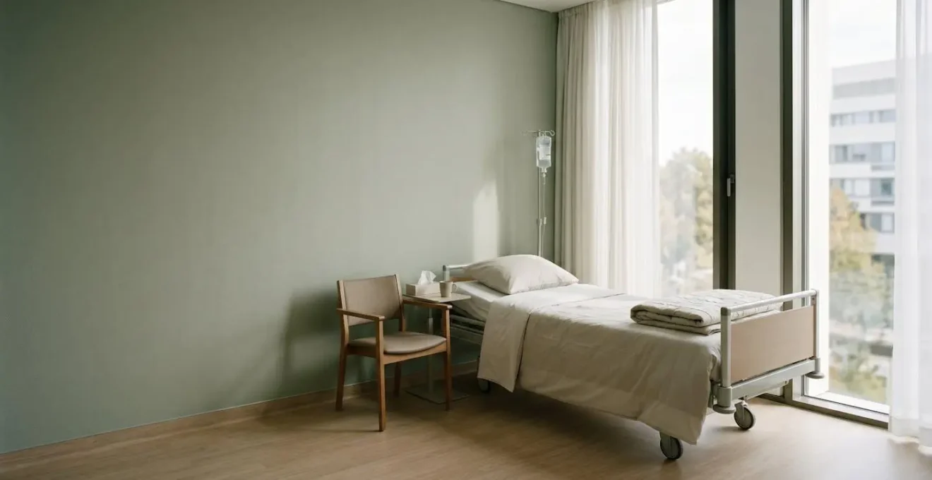 Wide environmental shot of empty hospital recovery room with natural light showing passage of time