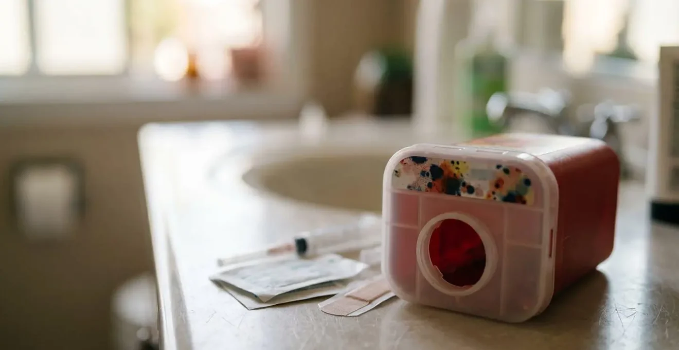 Close-up view of a home injection station with sharps container positioned within immediate reach before needle use