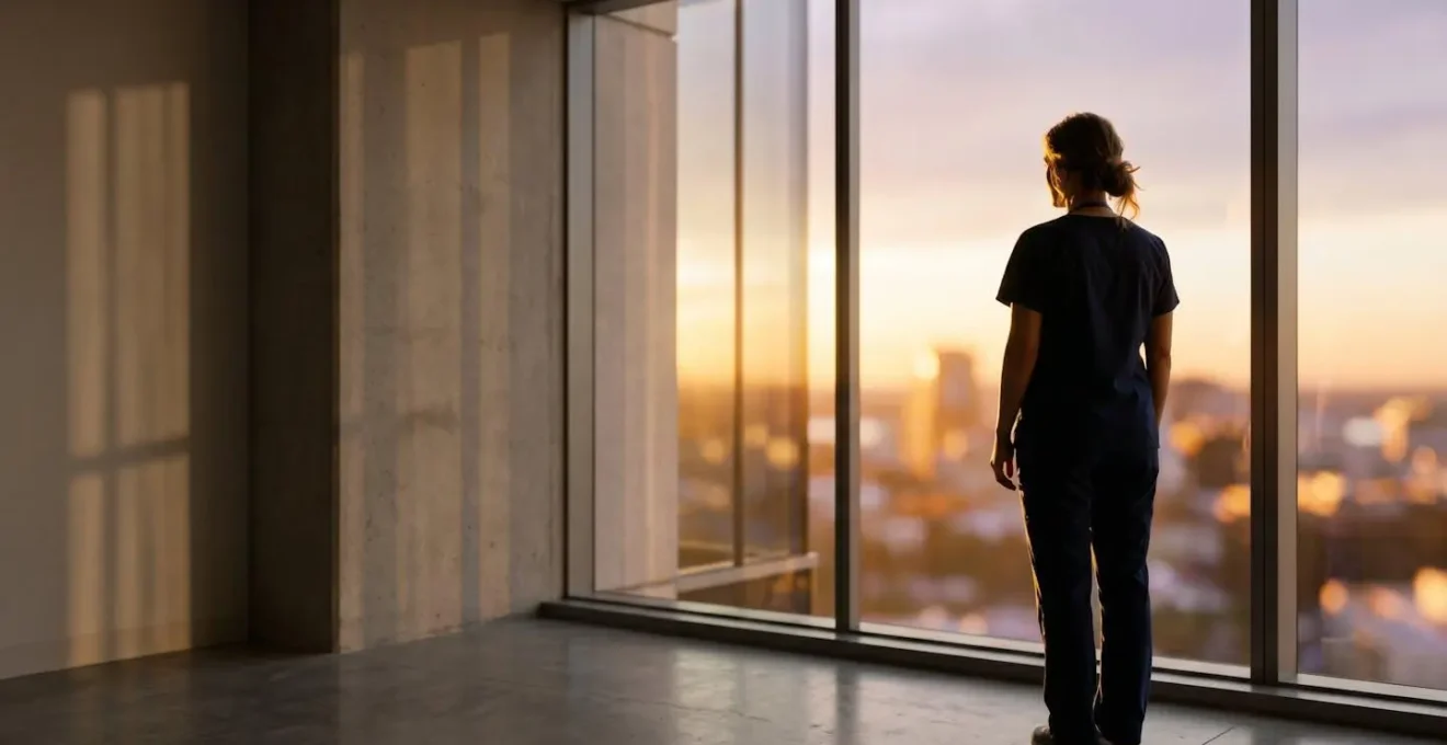 Silhouette of medical professional at window during golden hour symbolizing work-life balance and contemplation