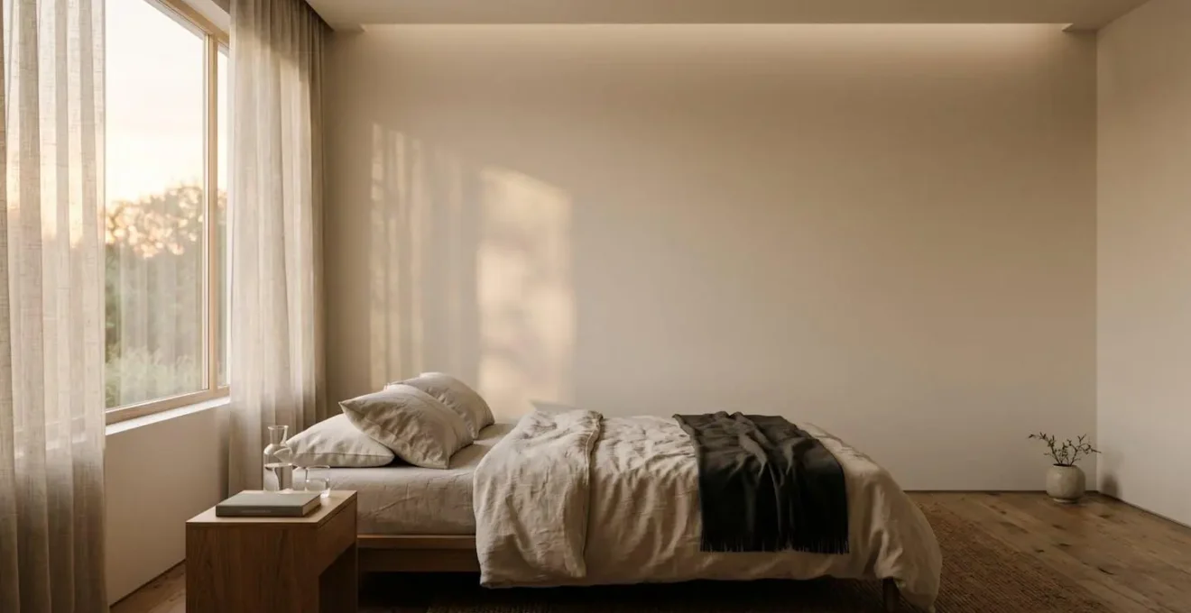 Wide shot of a minimalist bedroom sanctuary with soft natural light creating a calm sleep environment conducive to neurological rest