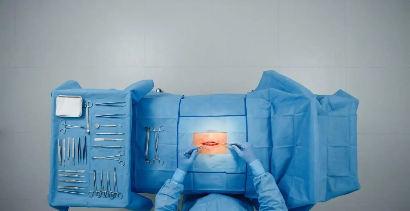 Sterile surgical field setup showing draped instruments and maintained aseptic boundaries during operation