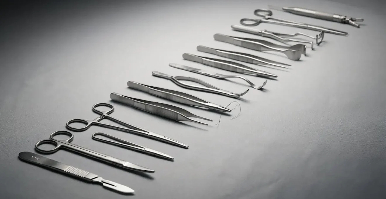 Symbolic arrangement of surgical instruments showing progression from basic to advanced complexity