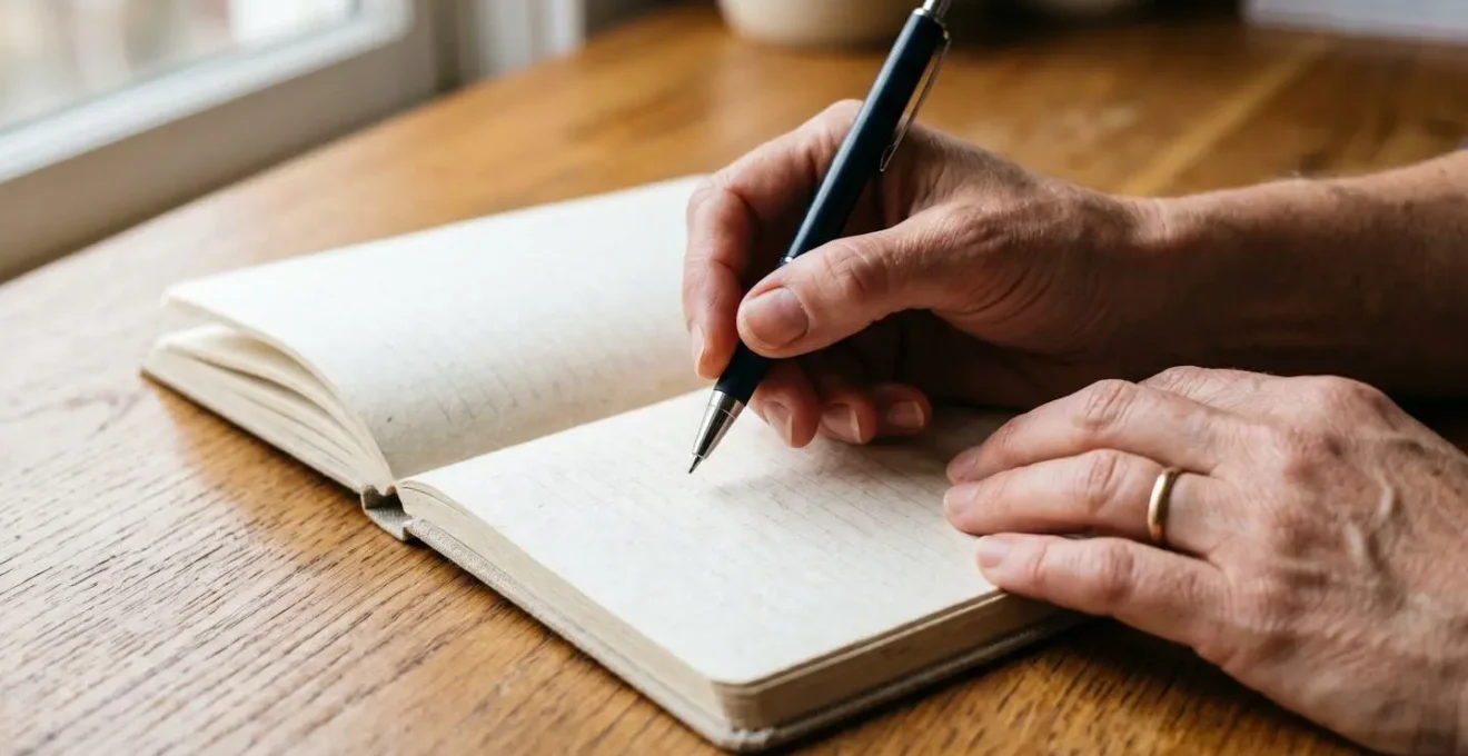 Close-up view of hands writing in a symptom tracking journal with calendar