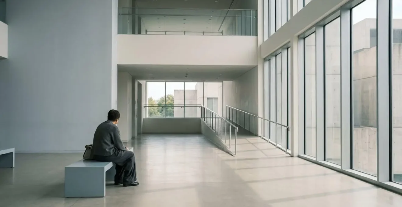 Environmental wide shot showing a person in contemplative solitude within a minimalist medical or waiting room setting