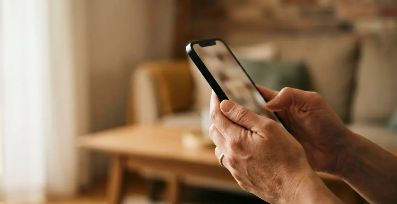 Close-up of hands holding a smartphone navigating healthcare services with soft window lighting