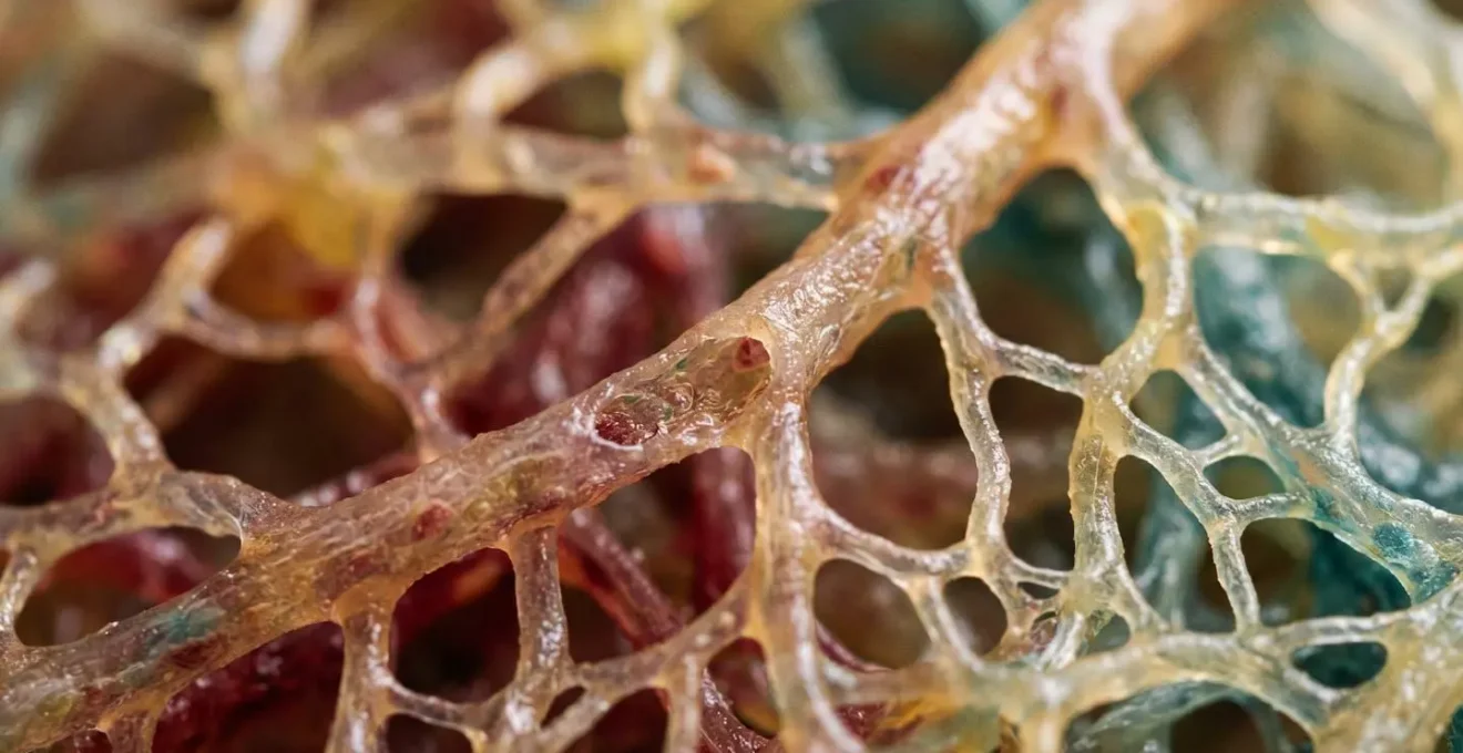 Microscopic view of bioprinted vascular network showing capillary structures at cellular level